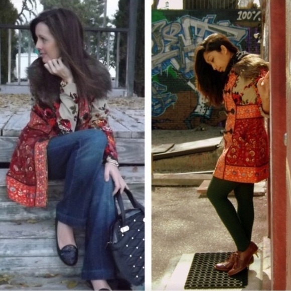 Anthropologie Karelia Coat Elevenses Jacket Red Floral Zip Fur Collar Size 6 - Picture 10 of 15